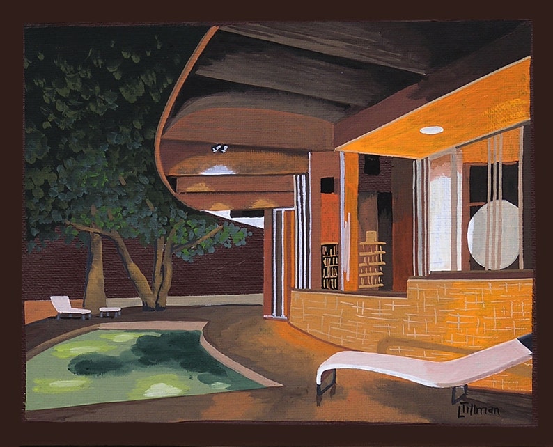 Mid Century Modern Eames Retro Limited Edition Print from Original Painting Pool Patio Night image 1