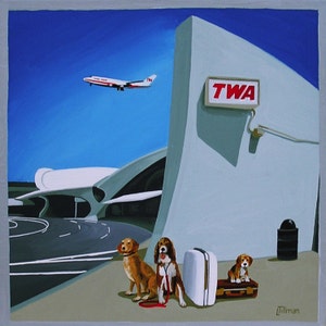 May include: A painting of a TWA airport terminal with a plane flying overhead. Three dogs are waiting by the terminal with luggage. The sign above the terminal reads "TWA".