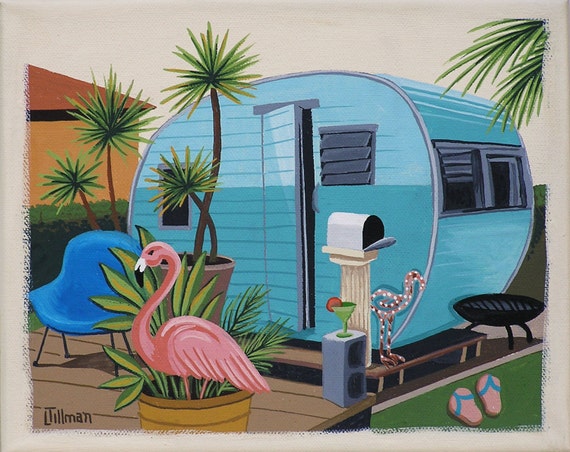 Retro Trailer Park Print Pink Flamingo Turquoise Camper Mid