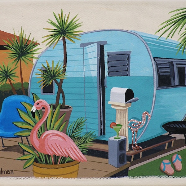 Mid Century Modern Eames Retro Limited Edition Print from Original Painting Trailer Flamingo