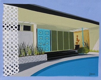 Mid Century Modern Eames Retro Limited Edition Print from Original Painting Palm Springs Pool