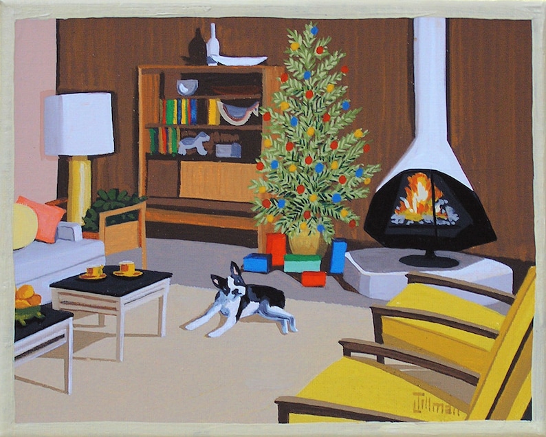 Mid Century Modern Eames Retro Limited Edition Print from Original Painting Boston Terrier Christmas Tree afbeelding 1