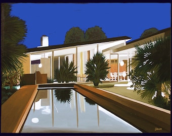 Architecture Art Print Mid Century Modern Limited Edition Print A Quincy Jones House Pool Patio at Night Wall Art