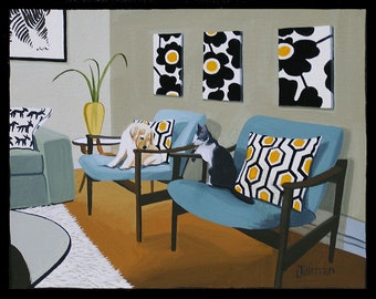 Mid Century Modern Eames Retro Limited Edition Print from Original Painting Cat Puppy Marimekko