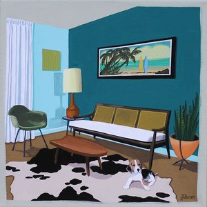 Beagle in the Den Print Mid Century Modern Limited Edition Print Beagle Dog Mid Century Decor Dog on Rug Wall Art