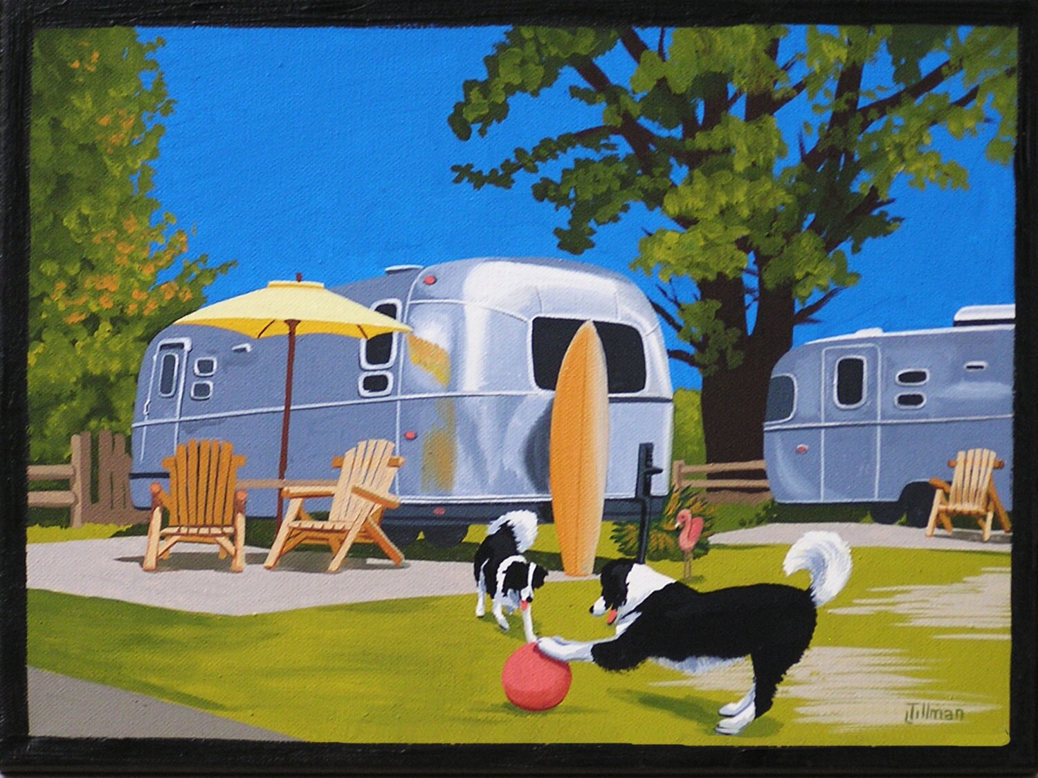 Mid Century Modern Eames Retro Limited Edition Print from Original Painting Airstream Border Collies