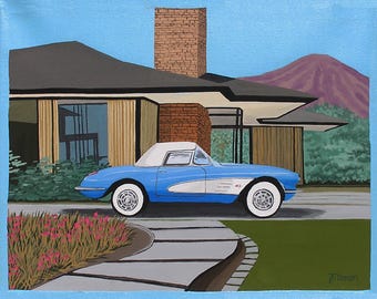 1957 Corvette Mid Century Modern Original Painting Wall Art