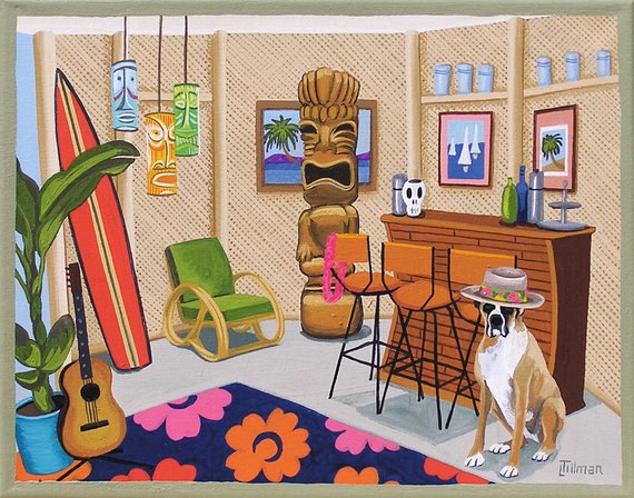 Mid Century Modern Eames Retro Limited Edition Print from Original Painting Tiki Bar Boxer