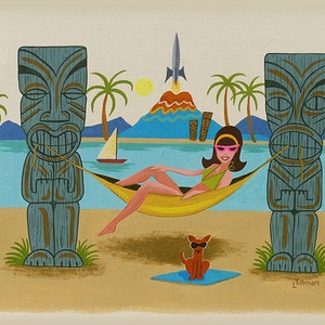 Mid Century Modern  Limited Edition Print from Original Painting Tiki Beach Girl