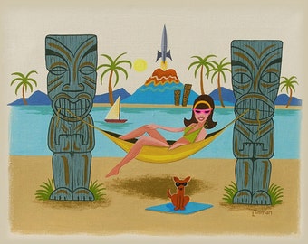 Mid Century Modern  Limited Edition Print from Original Painting Tiki Beach Girl