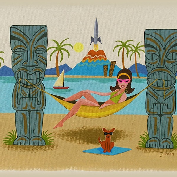 Impression en édition limitée moderne du milieu du siècle à partir de la peinture originale Tiki Beach Girl