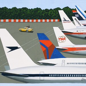 May include: An artistic painting of several airplanes parked on a tarmac. The tails of the planes display logos for Piedmont, Western, and TWA. A yellow car is driving on the tarmac. Green trees and a blue sky are in the background.
