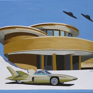 May include: A futuristic-looking car in front of a modern, circular house with a blue sky and two flying saucers in the background.