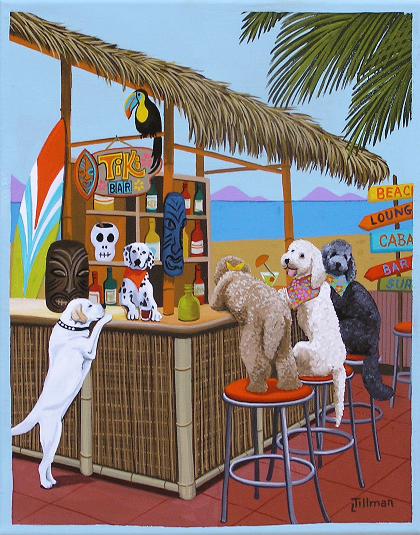 DOKKOI SHOW アート原画　DOKKOI BEAT CLUB Happy Dogs at Tiki Bar Print Doodle Dogs Beach Bar Happy Hour Mid