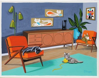 Mid Century Modern Eames Retro Limited Edition Print from Original Painting Cats Interior