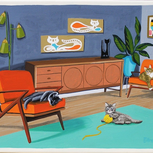 Mid Century Modern Eames Retro Limited Edition Print from Original Painting Cats Interior