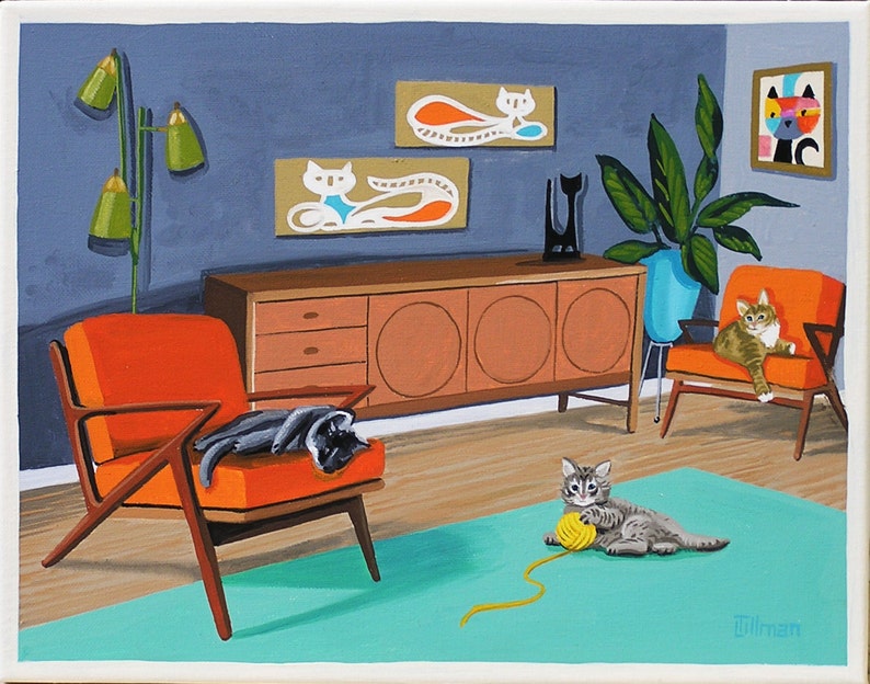 Mid Century Modern Eames Retro Limited Edition Print from Original Painting Cats Interior image 1