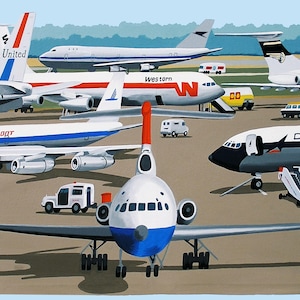 Impresión de aviación, aerolíneas vintage en la pista, aviones retro, impresión artística de edición limitada, arte de pared de aviones de pista de aeropuerto imagen 1