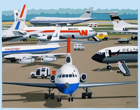 Aviation Print Vintage Airlines on the Runway Retro Airplanes Limited Edition Art Print Airport Runway Planes Wall Art
