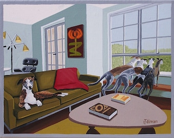 Windhund Hunde Kunstdruck Mid Century Modern Limited Edition Druck Fünf Windhunde Mid Century Sofa Wandkunst