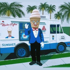 May include: A Mister Softee ice cream truck with a blue and white color scheme. The truck has a sign that says "Mister Softee" and "Sundaes". A person dressed as an ice cream cone is standing in front of the truck, waving. The person is wearing a blue suit, a white bow tie, and white gloves. There are palm trees in the background.