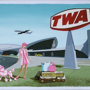 May include: Painting of a woman in a pink dress and hat with a pink poodle, standing near a TWA sign and airport terminal. A plane is taking off in the background. Suitcases are stacked on the ground.