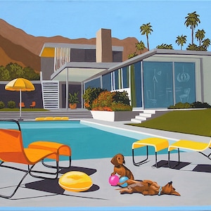 Mid Century Modern Eames Retro Limited Edition Print from Original Painting Dachshunds Pool