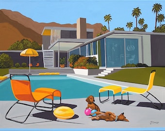Kaufman House Famous Palm Springs Architecture Print Dachshunds at the Pool Desert Ranch House Pool Wall Art