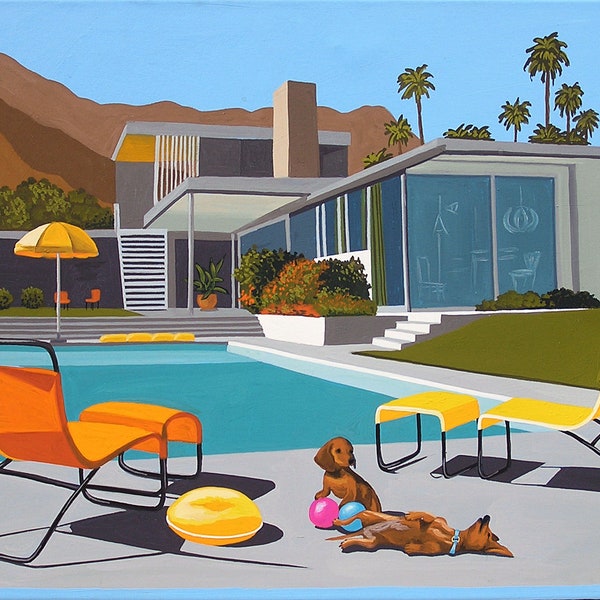 Mid Century Modern Eames Retro Limited Edition Print from Original Painting Dachshunds Pool