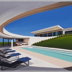 Mid Century Modern Limited Edition Print from Original Painting Circular Patio Pool