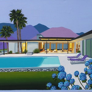 Mid Century Modern Eames Retro Limited Edition Print from Original Painting Palm Springs House and Pool