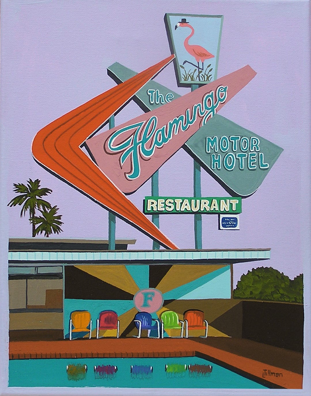 Mid Century Modern Limited Edition Print From Original Painting Flamingo  Hotel 