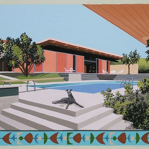 May include: A painting of a modern home with a swimming pool and a grey dog sitting on the steps. The home has a flat roof and large windows. The pool is surrounded by a concrete patio and steps. The dog is looking at the camera.