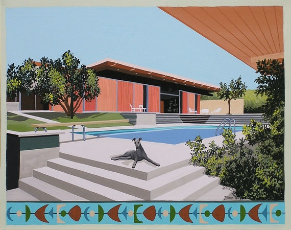 Mid Century Modern Greyhound Print, Atomic Ranch Pool Art (11x14)