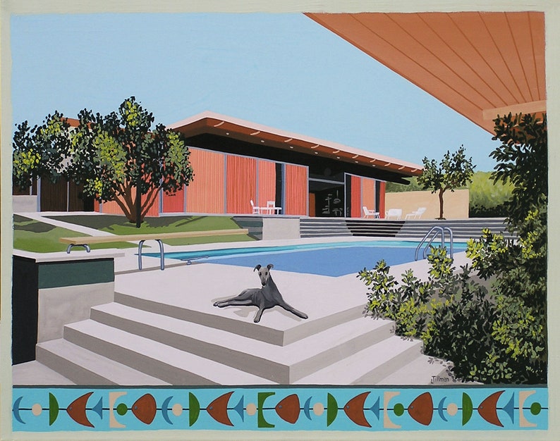 May include: A painting of a modern home with a swimming pool and a grey dog sitting on the steps. The home has a flat roof and large windows. The pool is surrounded by a concrete patio and steps. The dog is looking at the camera.