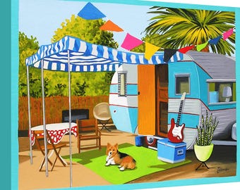 Canvas Print Trailer Dog Guitar Mid Century Modern from Original Painting Campsite Corgi Camping Trailer Wall Art
