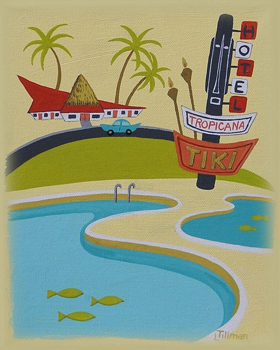 Graphic Tiki Print Tiki Motel Sign Kidney Shaped Pool Mid Century