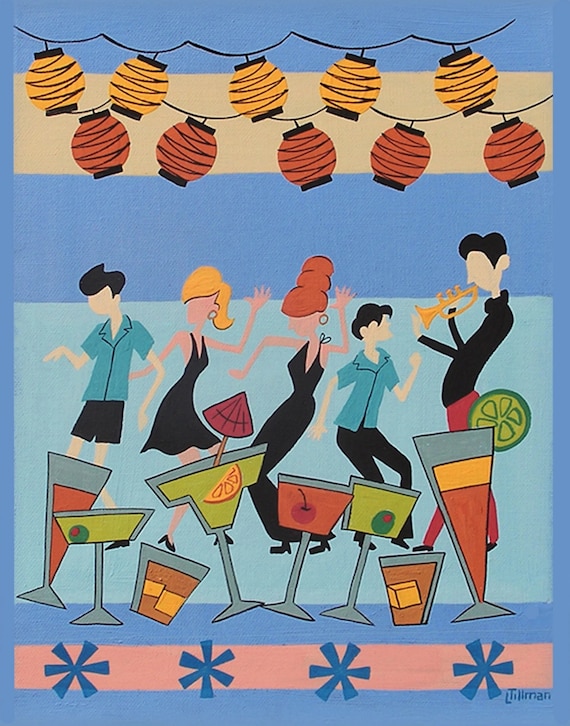 Shag Party Art Print Cocktails Dancing Music Mid Century Modern