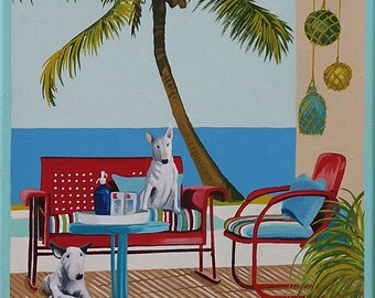 Mid Century Modern Eames Retro Limited Edition Print from Original Painting White Bull Terriers Beach