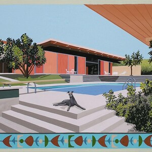 May include: A painting of a modern house with a swimming pool and a grey dog lying on the steps. The house has a flat roof and large windows. The pool is surrounded by a concrete deck and a grassy lawn. The dog is looking at the camera.