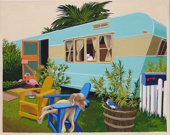 Turquoise Trailer Print | Mid Century Modern Dog, Cat, Bird Art