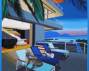 May include: A painting of a modern home with a pool and a deck. The deck has blue lounge chairs and a greyhound dog wearing sunglasses is lounging on one of the chairs.