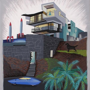 May include: A painting of a futuristic house with a swimming pool, palm trees, and a flying car. Two red and white rockets are in the background. The house is made of concrete and glass and has a modern design.