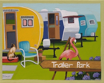 Mid Century Modern Eames Retro Limited Edition Print from Original Painting Trailer Flamingo