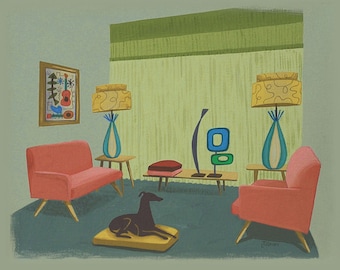 Impresión moderna de mediados de siglo: Perro galgo en la sala Heywood Wakefield
