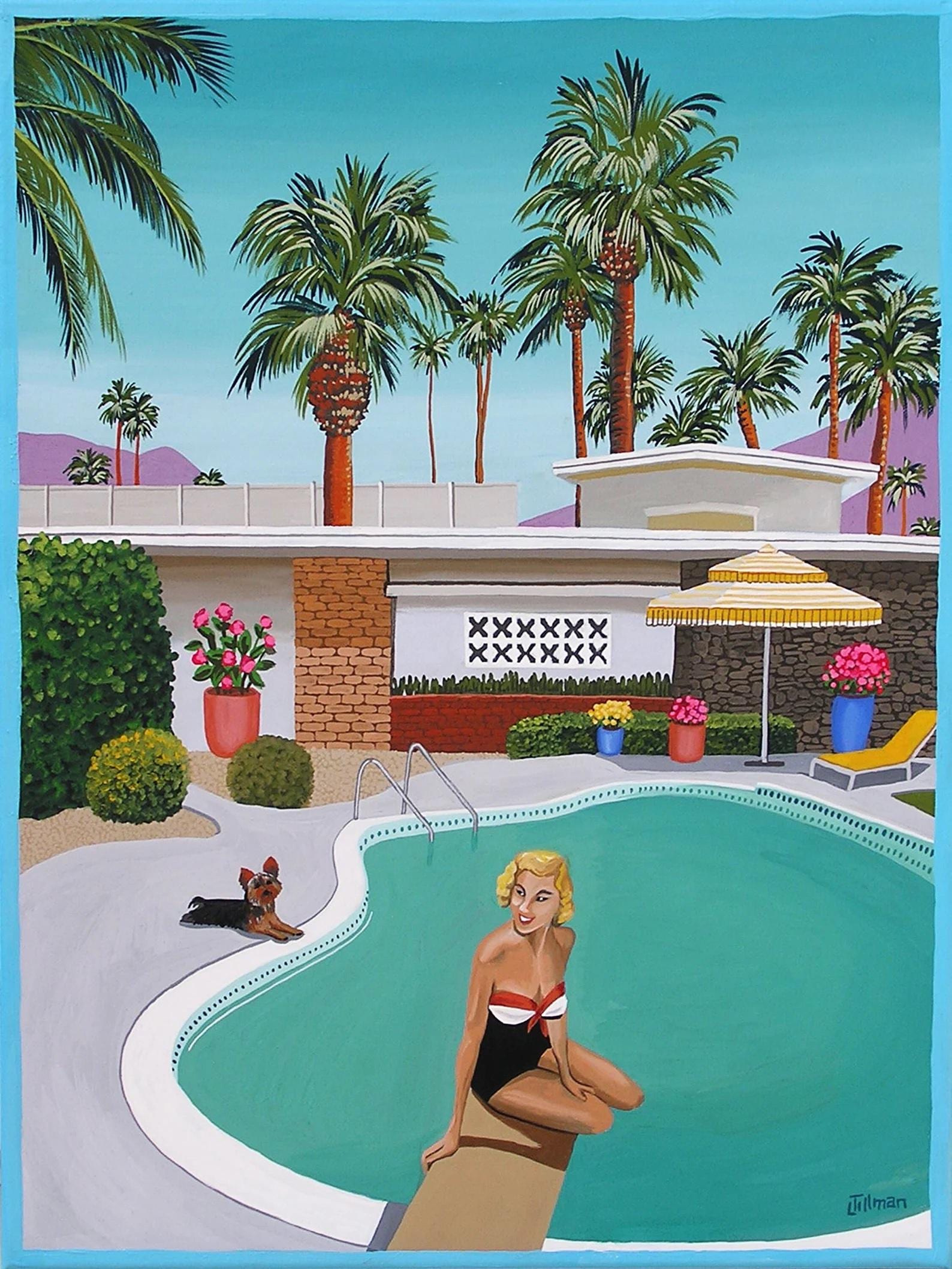 California Pool Patio Print Yorkie Dog Mid Century Modern Eames