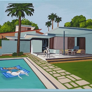 Mid Century Modern Eames Retro Limited Edition Print from Original Painting Greyhounds Pool