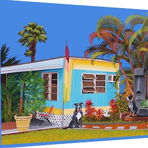 Impresión en lienzo de Pitbulls en el paraíso, arte de remolque Tiki moderno de mediados de siglo