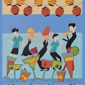 May include: A colorful painting of a party scene with six people dancing and drinking cocktails. The background is a light blue sky with a string of orange and yellow paper lanterns. The people are wearing bright colors and are silhouetted against the sky.