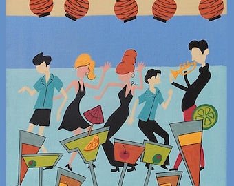 Shag Party Art Print Cocktails Dancing Music Mid Century Modern